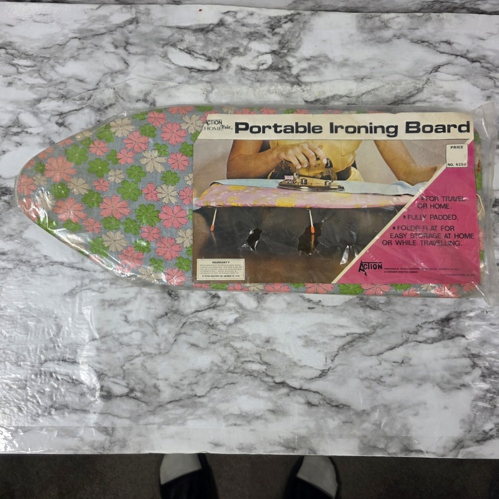 Vintage 70'S Travel Tabletop Ironing Board w Floral Flower Cover Pink Green